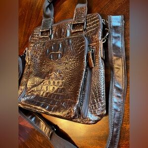 Croc-Embossed Leather Messenger Bag - Dark Brown new no tags